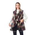 Womens Lapel Sleeveless Open Front Hem Plaid Vest Cardigan Jacket With Pockets